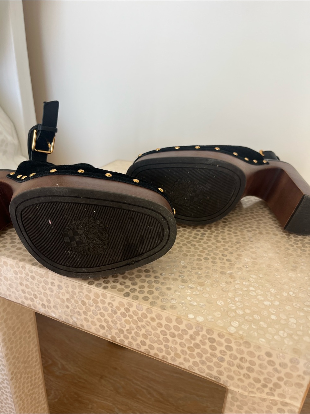 Vince Camuto Black Suede Platform Clogs with Gold Studs - Picture 5 of 5